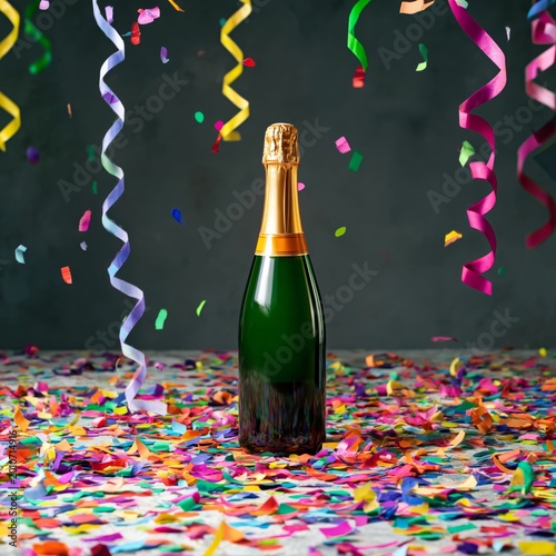 Celebration With Champagne Bottle and Colorful Confetti on the Table at a Party