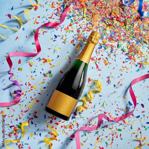 Celebration With Champagne Bottle and Colorful Confetti on the Table at a Party