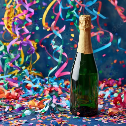 Celebration Scene With Confetti and Champagne Bottle on a Blue Background