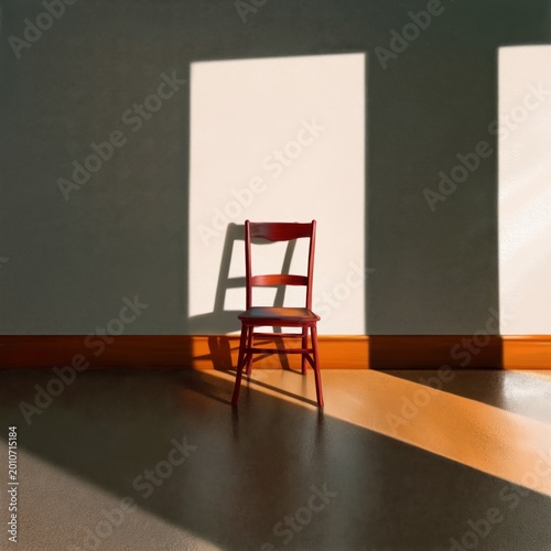 Red Chair Stands Alone in a Sunlit Room With Shadows on the Wall and Floor