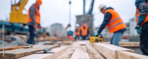Construction workers collaborating on a building site with wooden planks in foreground for project and safety banner use