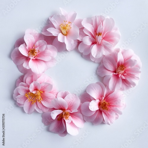 Beautiful Arrangement of Pink Peony Flowers in a Circular Design on a White B...
