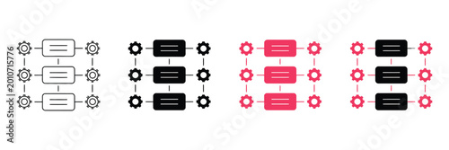 Set of four minimalist process flowchart icons featuring gear symbols and rectangular data blocks in different color variations for corporate workflow diagrams