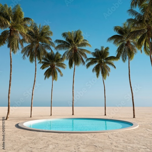 Relaxation Near a Round Pool Surrounded by Palm Trees on a Sunny Beach Day