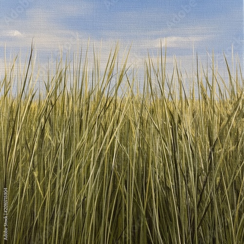 Tall Grass Sways Gently Under the Blue Sky in a Rural Setting During Daylight...