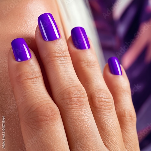 Bright Purple Nail Polish on Fingers With Glossy Finish in a Close-Up View