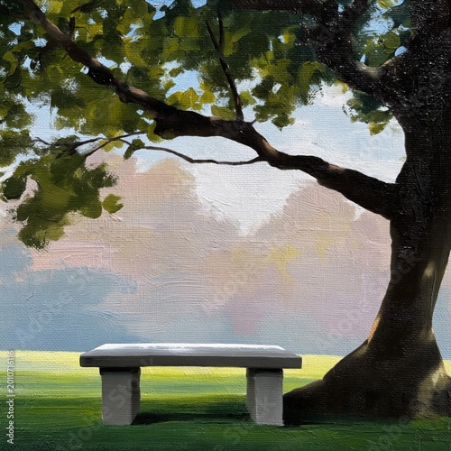 Empty Bench Under a Large Tree in a Park During Daytime With Soft Sunlight Sh...