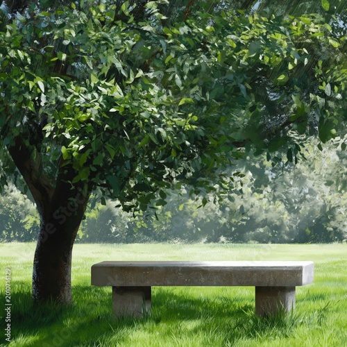 Empty Bench Under a Large Tree in a Park During Daytime With Soft Sunlight Sh...