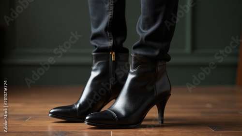 A pair of black high-heeled boots standing on a wooden floor, isolated against a neutral background