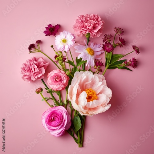 Bunch of Colorful Flowers With Green Leaves on a Pink Background During Daytime