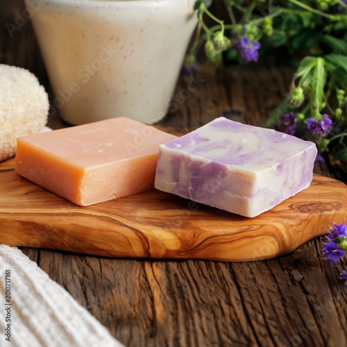 Two Bars of Soap on a Wooden Board With Small Flowers and a Bowl in a Well-Li...