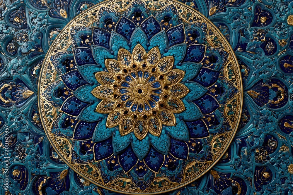 Fototapeta premium Intricate Islamic Geometric Tile Pattern Blue Detaile