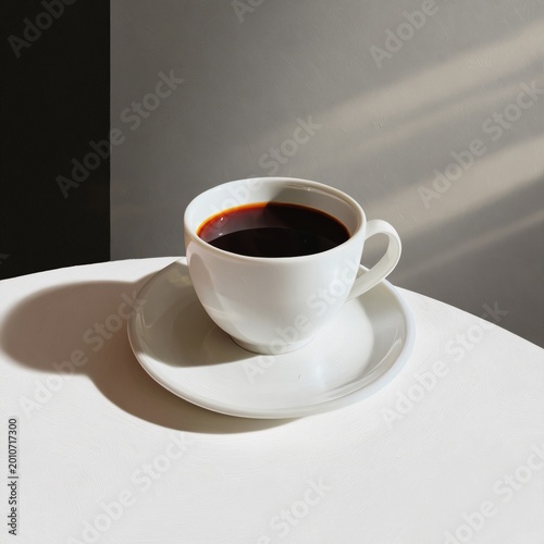 Black Coffee in White Cup on Saucer on Table With Natural Light