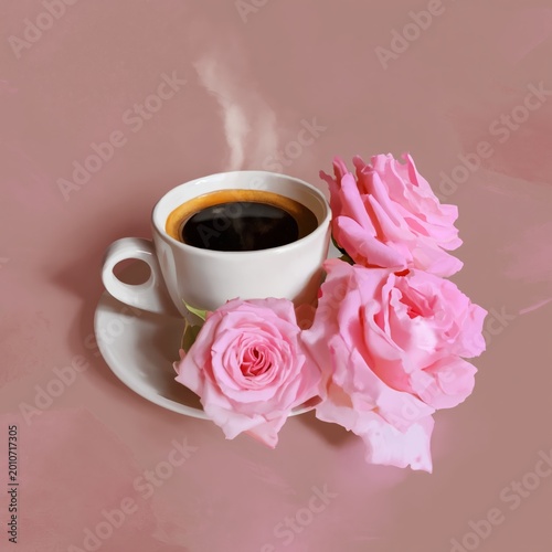 Cup of Tea Surrounded by Pink Flowers in a Bright Setting