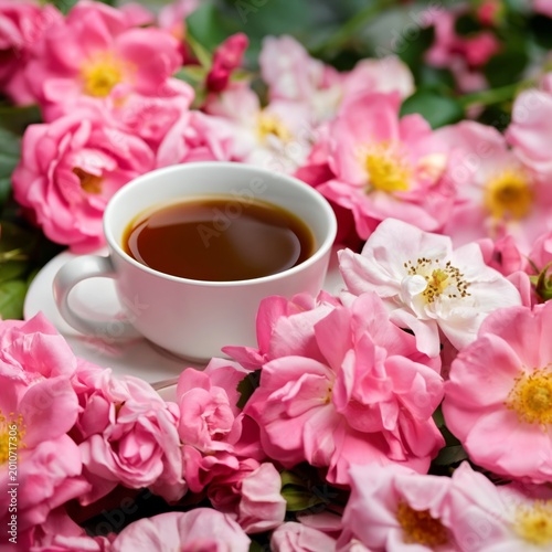 Cup of Tea Surrounded by Pink Flowers in a Bright Setting