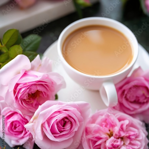 Coffee Sits in a White Cup Surrounded by Fresh Pink Roses on a Table