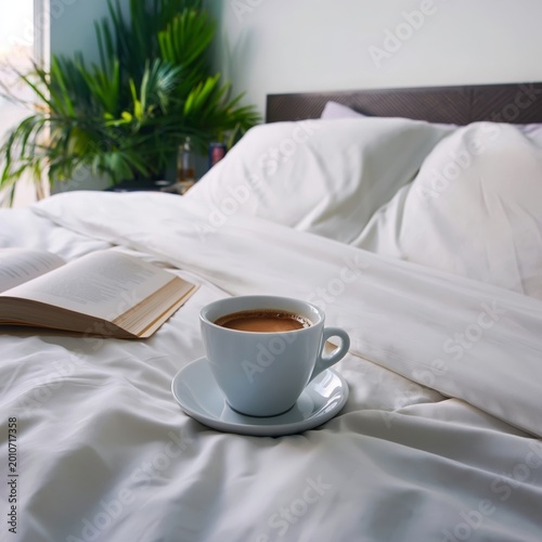 Enjoying Coffee and Reading a Book in a Cozy Bedroom During Morning Hours