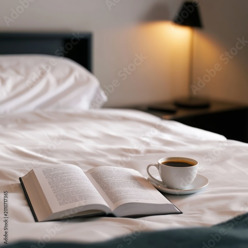 Enjoying Coffee and Reading a Book in a Cozy Bedroom During Morning Hours