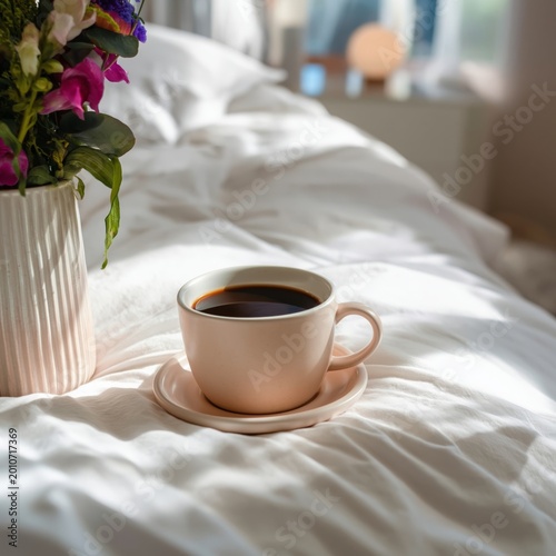 Coffee Cup and Flower Vase on a Bed With Soft Cushions and Plants in the Back...