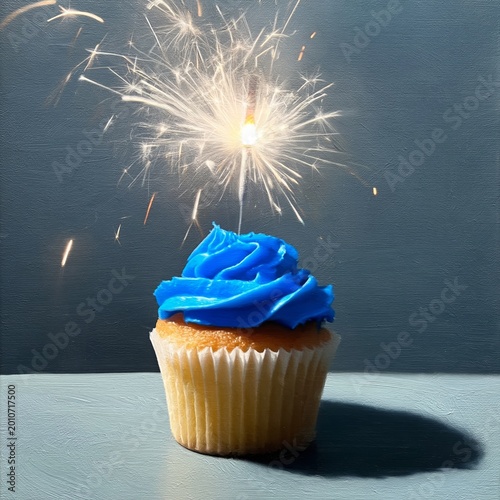Cupcake With Blue Frosting Topped With a Sparkler on a Gray Background During...