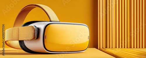 Modern yellow VR headset on a minimalist yellow background for virtual reality and tech concepts