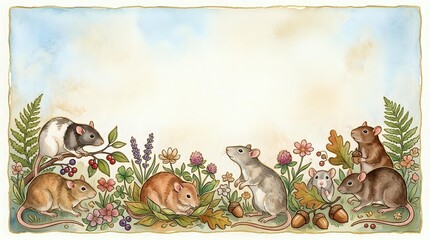 Watercolor woodland animals border with rabbits, mice and squirrels among wildflowers and ferns on white background for greeting cards and invitations.