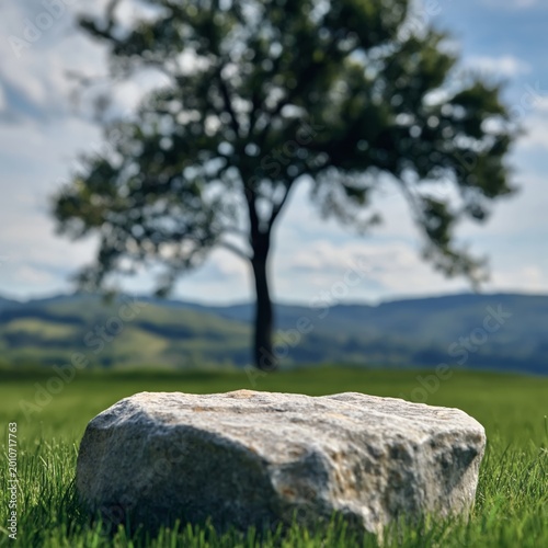 Rock in Focus With Tree and Mountains in Background During Bright Day Under B...