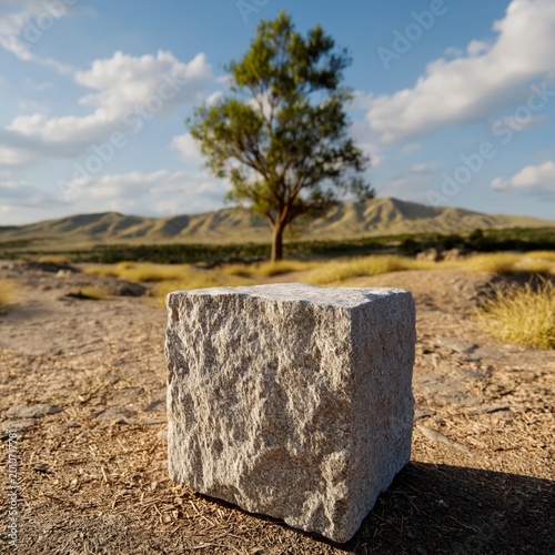 Rock in Focus With Tree and Mountains in Background During Bright Day Under B...