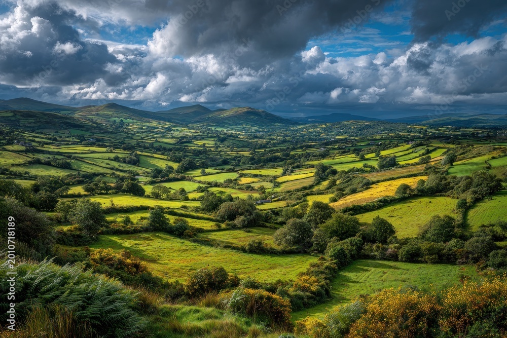 Fototapeta premium Irish Green Fields Patchwork Dramatic Sky Authentic