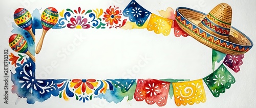 Mexican fiesta frame with colorful papel picado banners, traditional sombrero and maracas on white background for Cinco de Mayo celebrations.