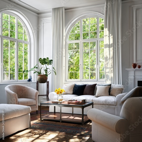 Bright Living Room With Large Windows and Soft Seating in a Cozy Home Setting