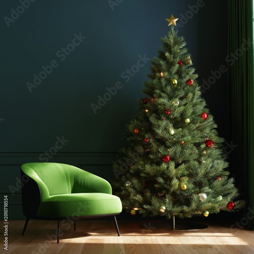Decorated Christmas Tree Near Green Chair in a Cozy Room During Winter Season