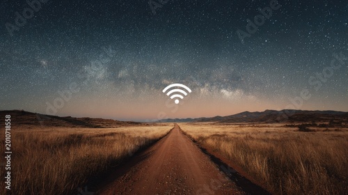 A dirt road stretches through a vast, dry landscape under a starry night sky