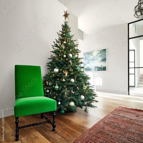 Decorated Christmas Tree Near Green Chair in a Cozy Room During Winter Season