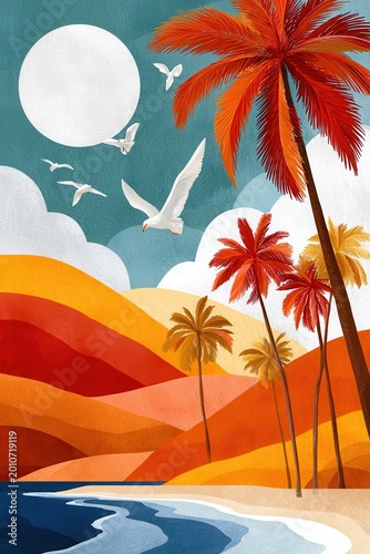 Warm tropical beach illustration with palm trees, seagulls and vibrant layered hills at sunset