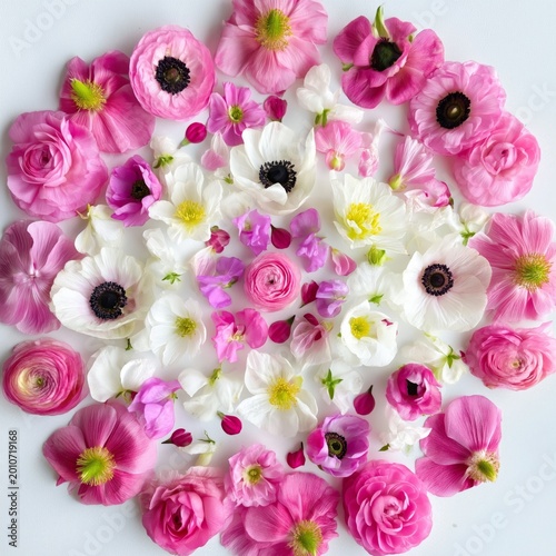 Colorful Arrangement of Pink and White Flowers on a Plain Background