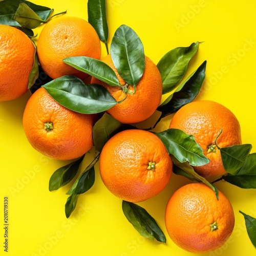 Fresh Oranges With Green Leaves Arranged on a Bright Yellow Background