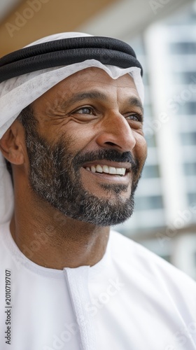 Close-up smiling man wearing kandura and ghutra portrait with natural warm light for corporate profile, website background and editorial banner use