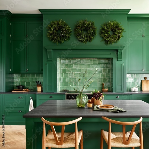 Bright Green Kitchen With Plants and Light Coming Through the Window in a Mod...