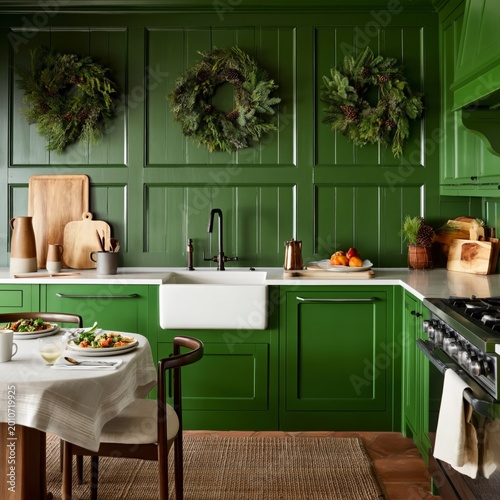 Kitchen With Green Cabinets and Holiday Decor in a Bright Space With Food Pre...