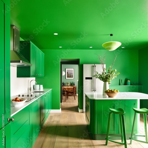 Bright Green Kitchen With Modern Design and Open Layout for Cooking and Dining