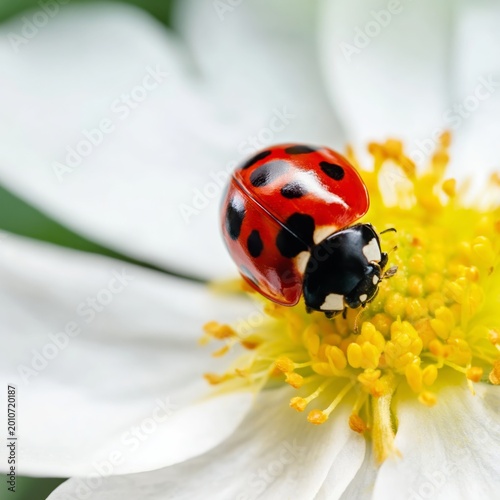 Ladybug on White Flower in Sunny Garden During Spring Season