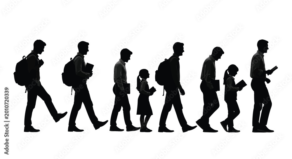 Obraz premium Silhouette of people walking in line carrying school bags and books