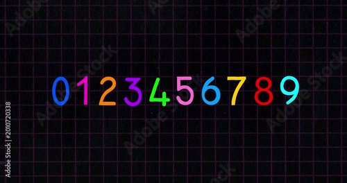 Numerical ten color digits animation on dark grid. Numbers counter from zero to nine transitions. Numeral figure cartoon animation dynamic stop motion on exercise book inverted colors background.