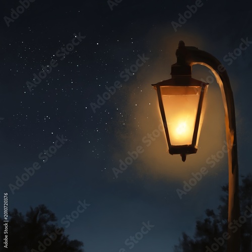 Street Lamp Shines Bright in the Evening Light Near the Park