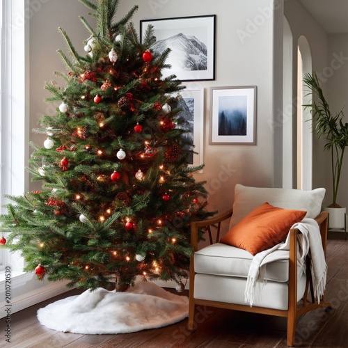 Decorating a Christmas Tree in a Cozy Living Room With a Chair and Framed Pic...
