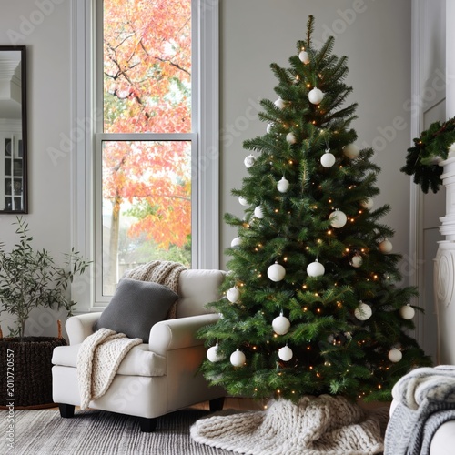 Decorating a Christmas Tree in a Cozy Living Room With a Chair and Framed Pic...