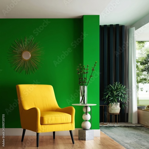 Bright Yellow Chair in Modern Room With Green Wall and Natural Light Entering...