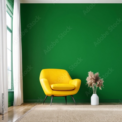 Bright Yellow Chair in Modern Room With Green Wall and Natural Light Entering...