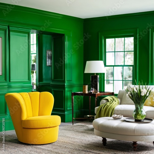 Bright Yellow Chair in Green Living Room With White Sofa and Coffee Table